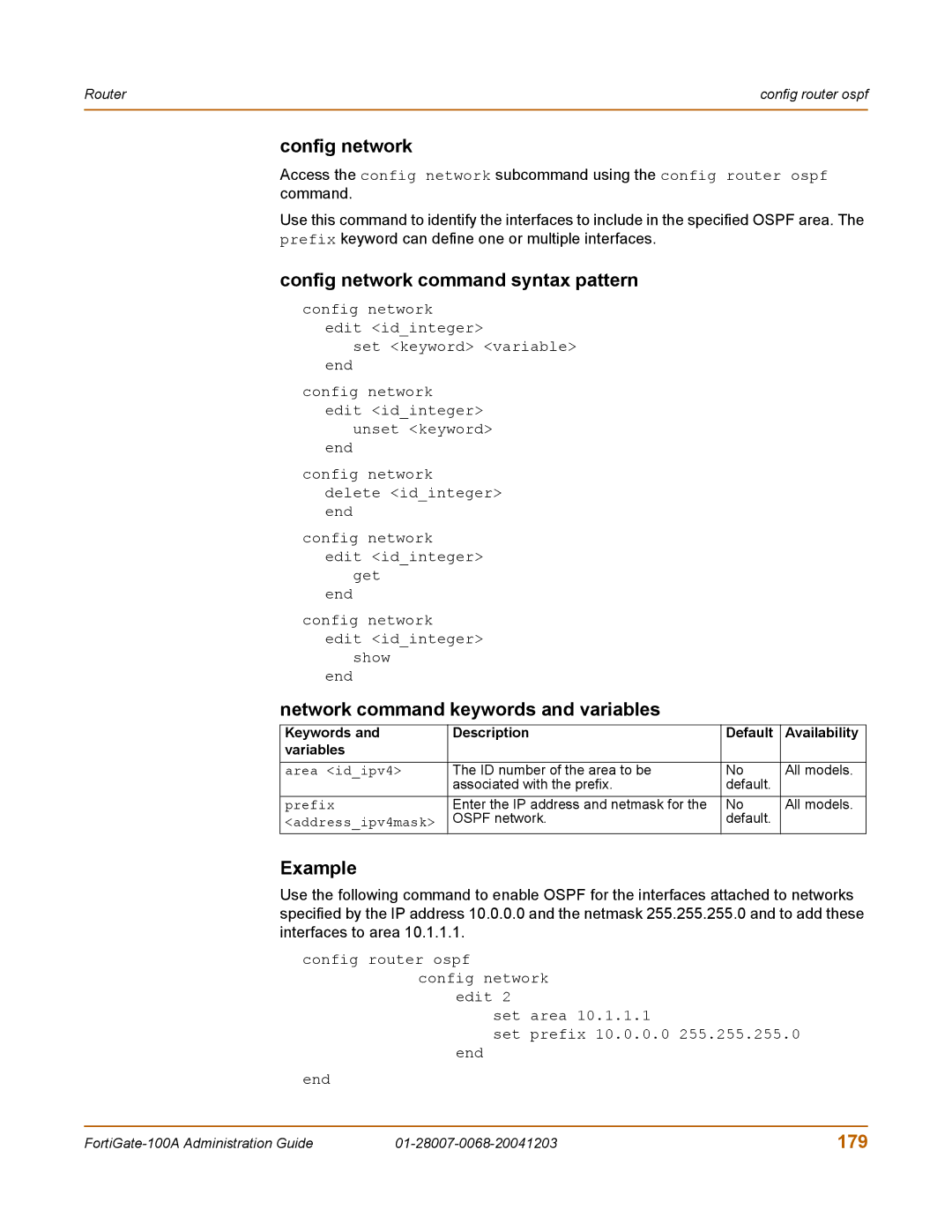 Fortinet 100A manual Config network command syntax pattern, Network command keywords and variables, 179, Area idipv4 