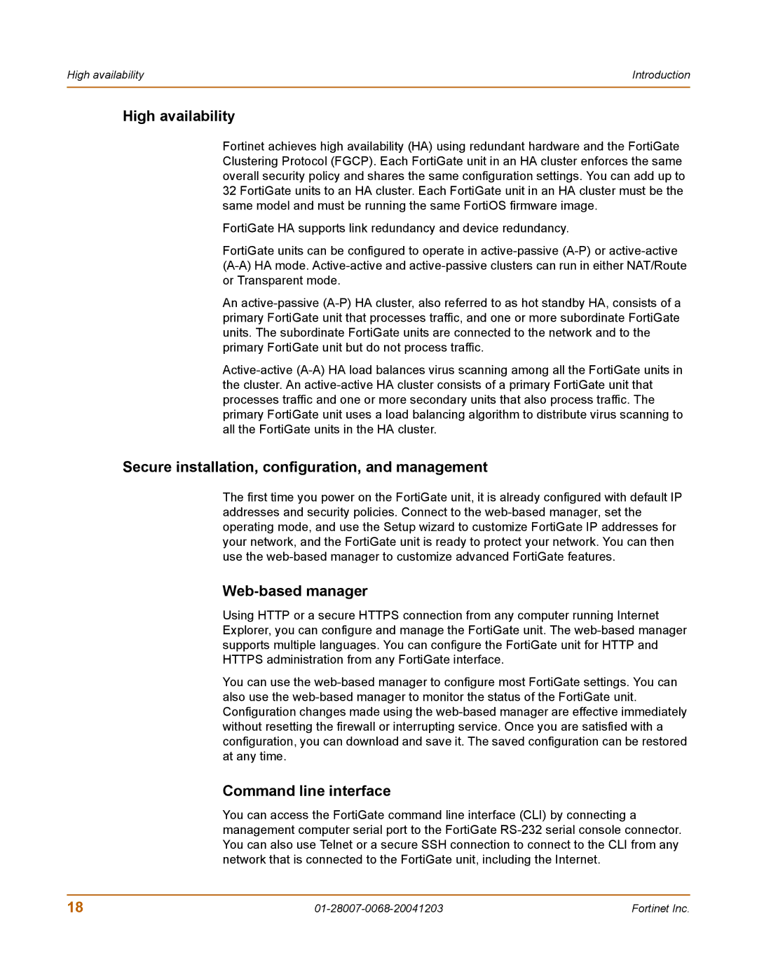 Fortinet 100A manual High availability, Secure installation, configuration, and management, Web-based manager 