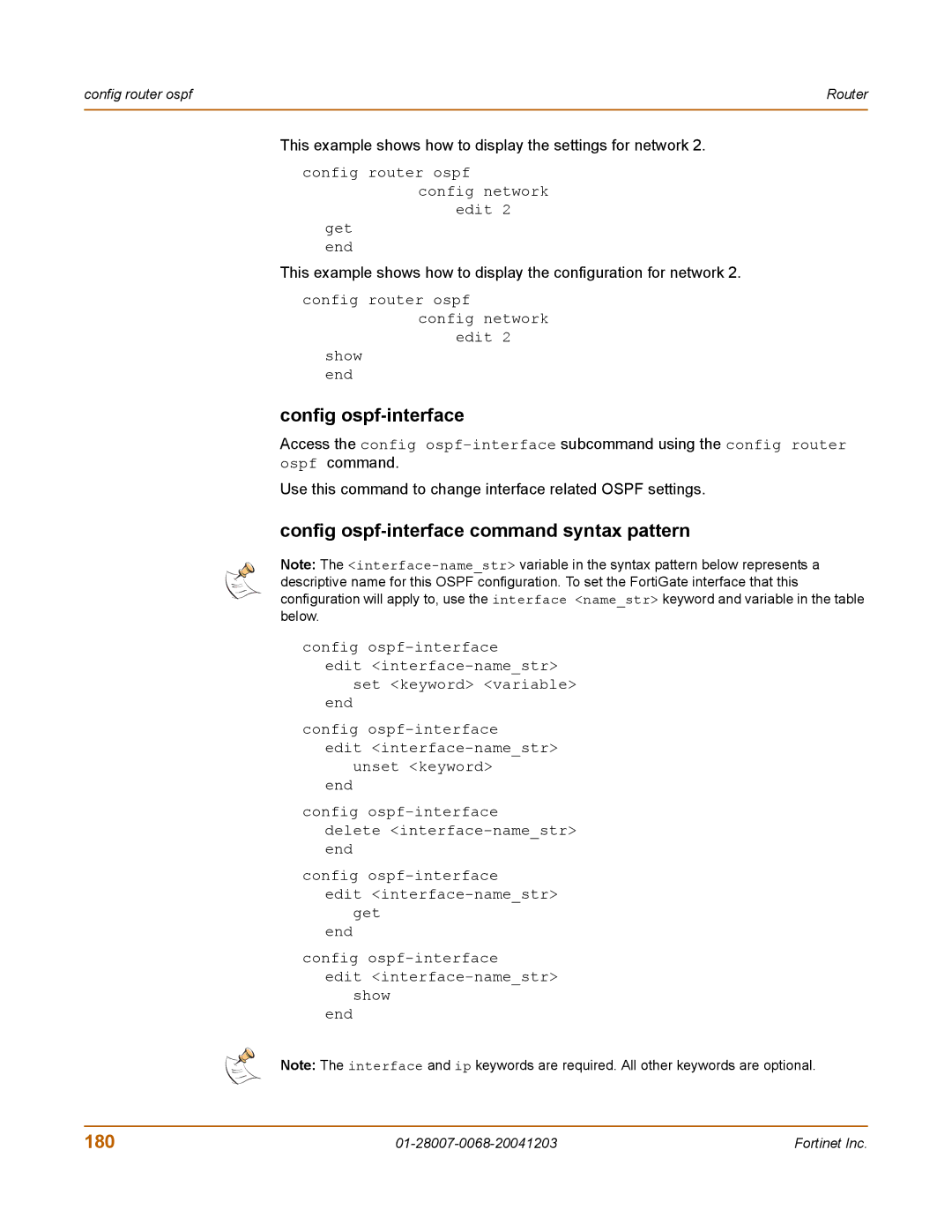 Fortinet 100A manual Config ospf-interface command syntax pattern, 180 