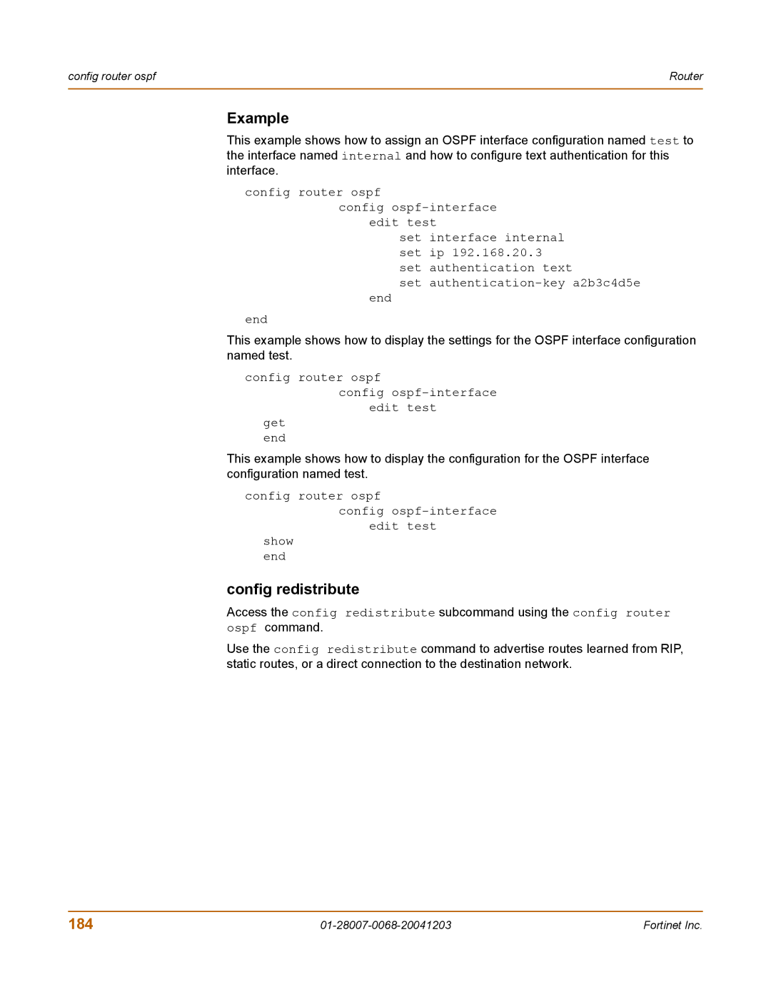 Fortinet 100A manual Config redistribute, 184 