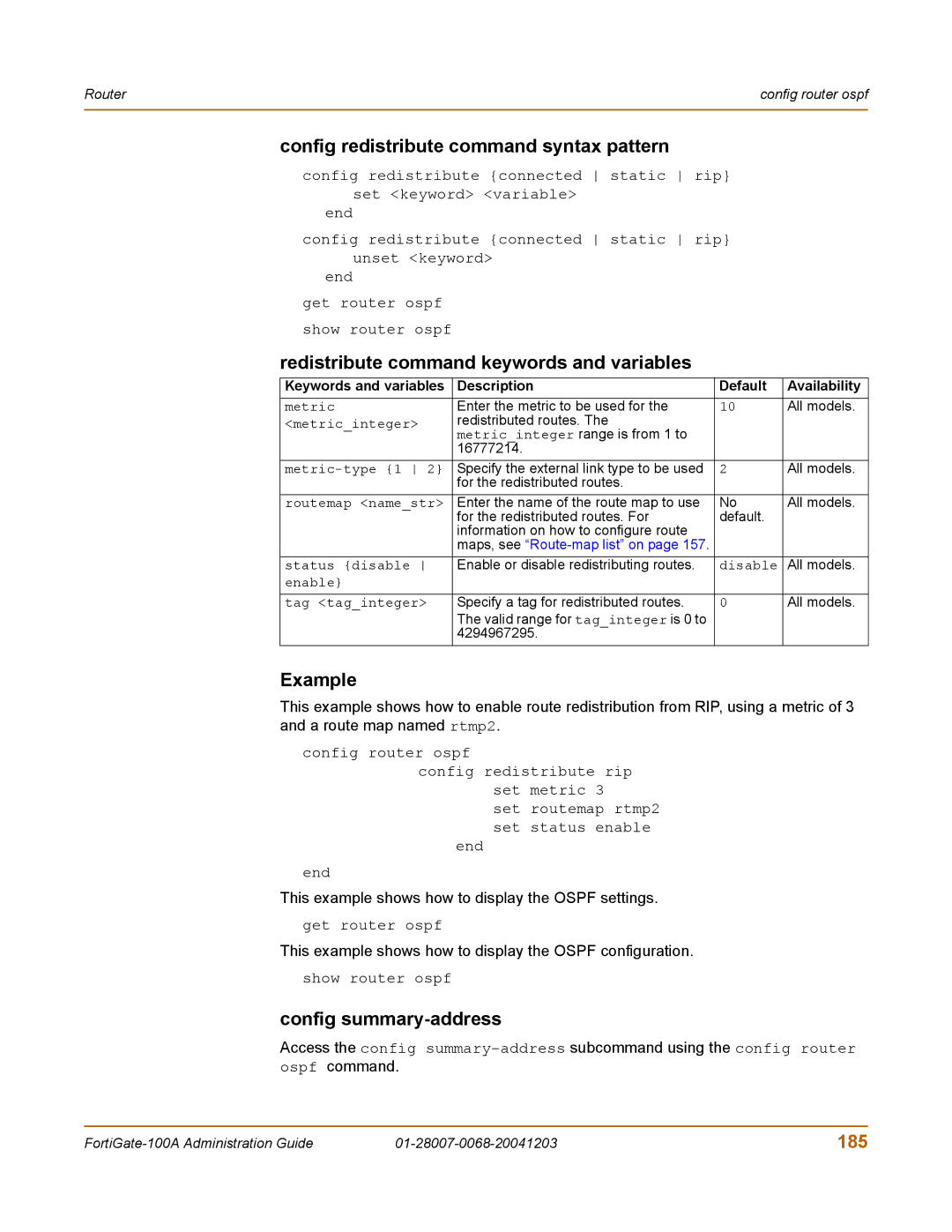 Fortinet 100A manual Config redistribute command syntax pattern, Redistribute command keywords and variables, 185 