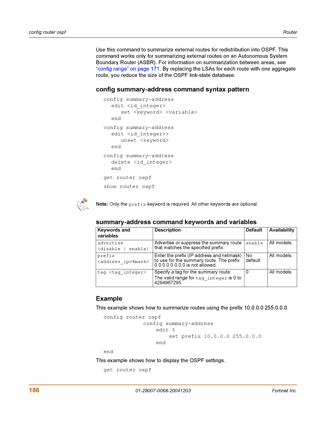 Fortinet 100A manual Config summary-address command syntax pattern, Summary-address command keywords and variables, 186 