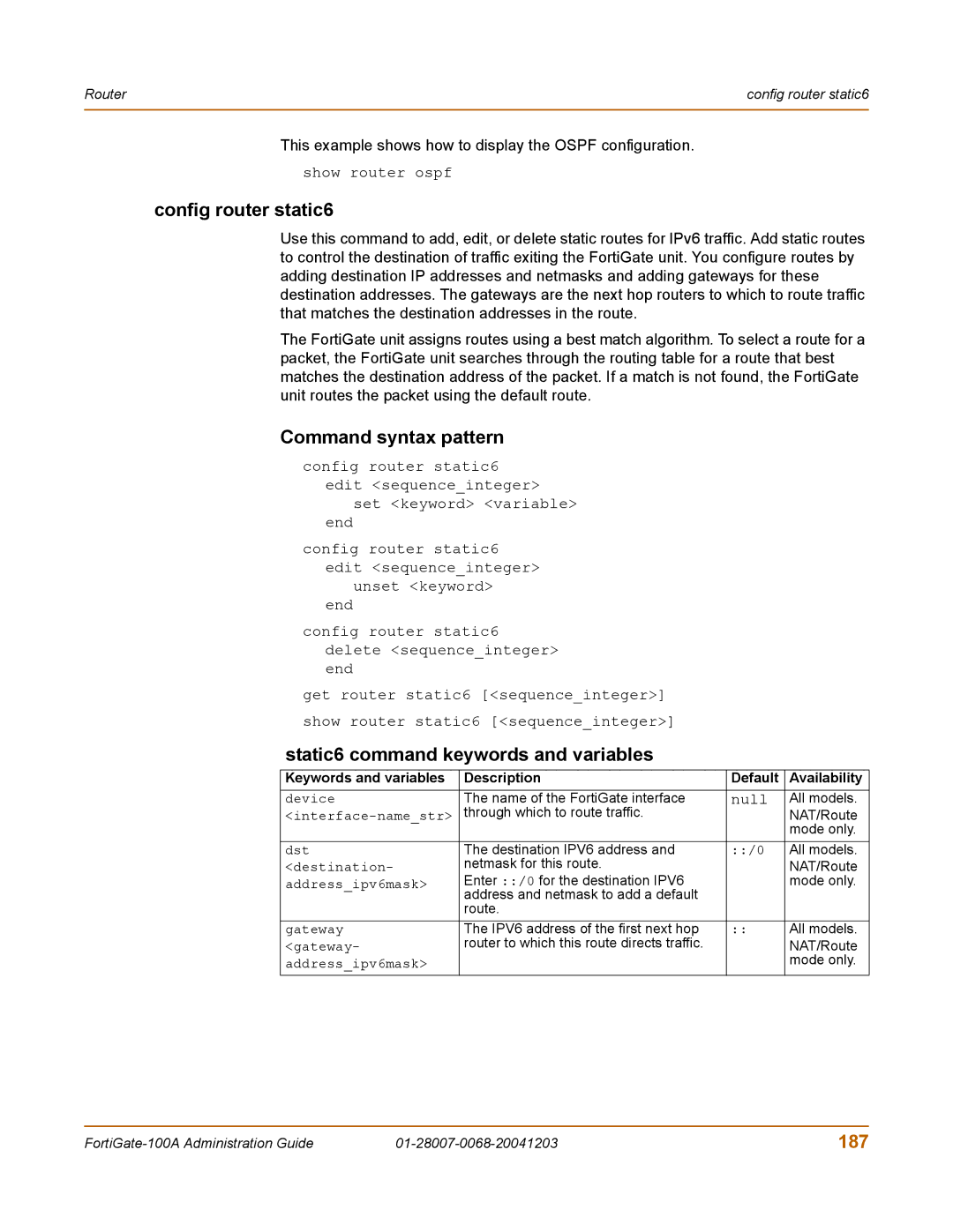 Fortinet 100A manual Config router static6, Static6 command keywords and variables, 187 