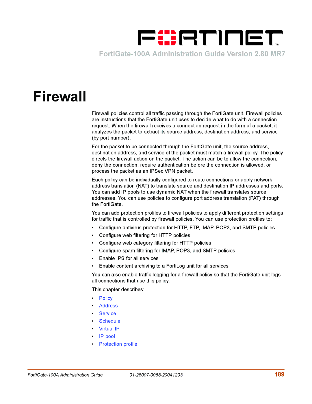 Fortinet 100A manual Firewall, 189 