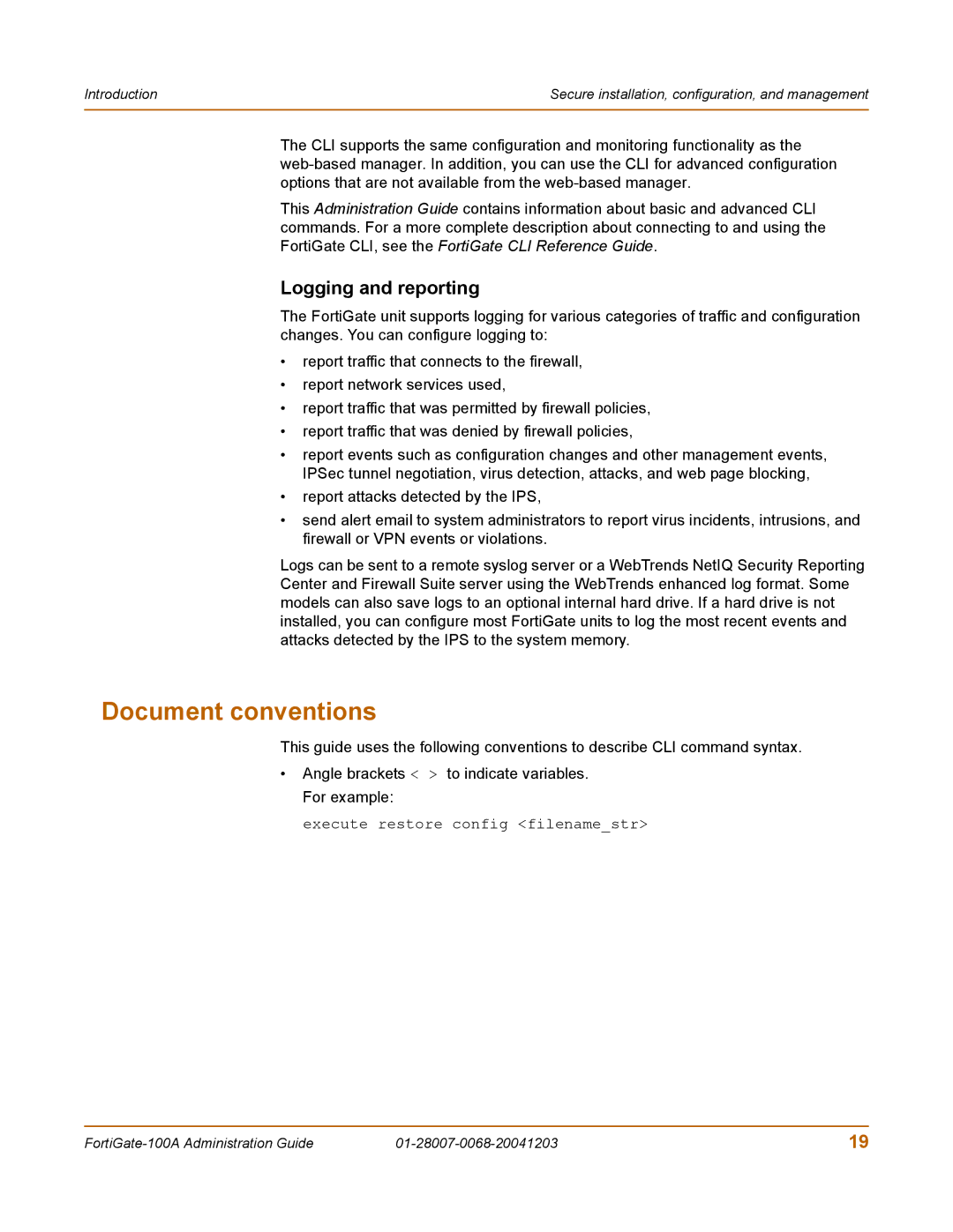 Fortinet 100A manual Document conventions, Logging and reporting 