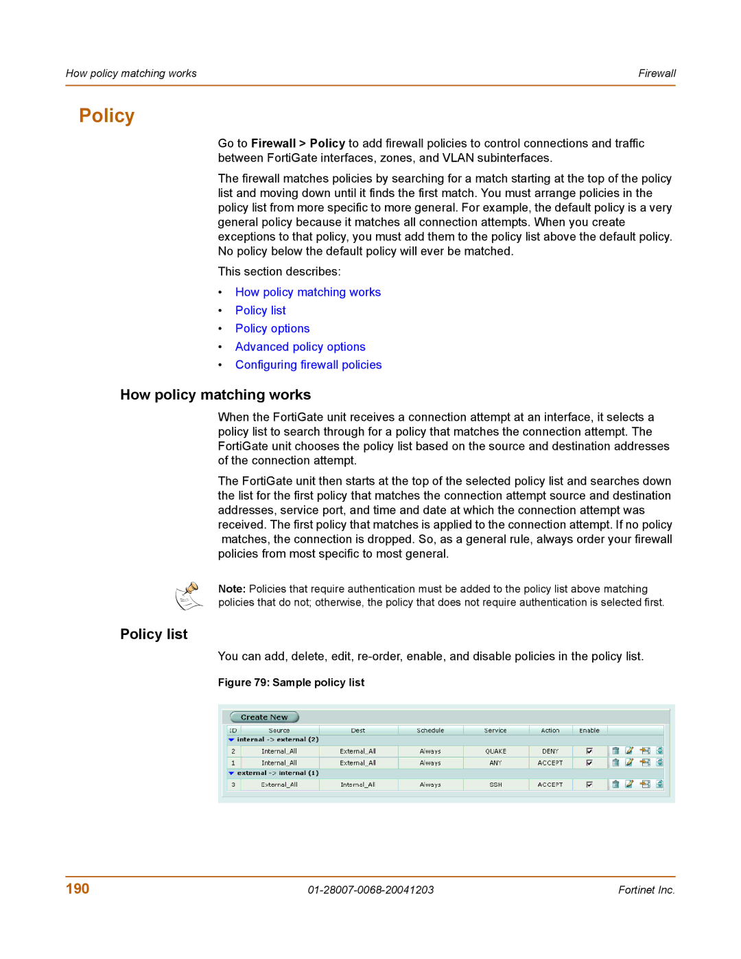 Fortinet 100A manual How policy matching works, Policy list, 190 