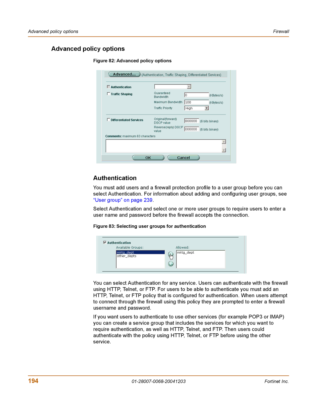 Fortinet 100A manual Advanced policy options, Authentication, 194 