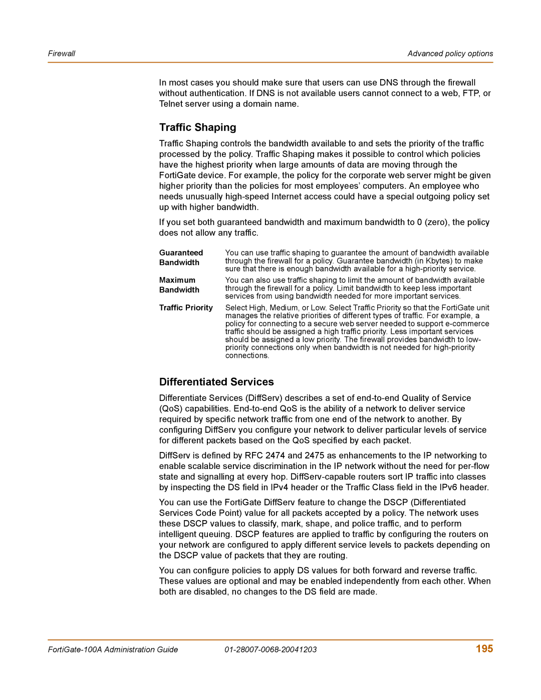 Fortinet 100A manual Traffic Shaping, Differentiated Services, 195 