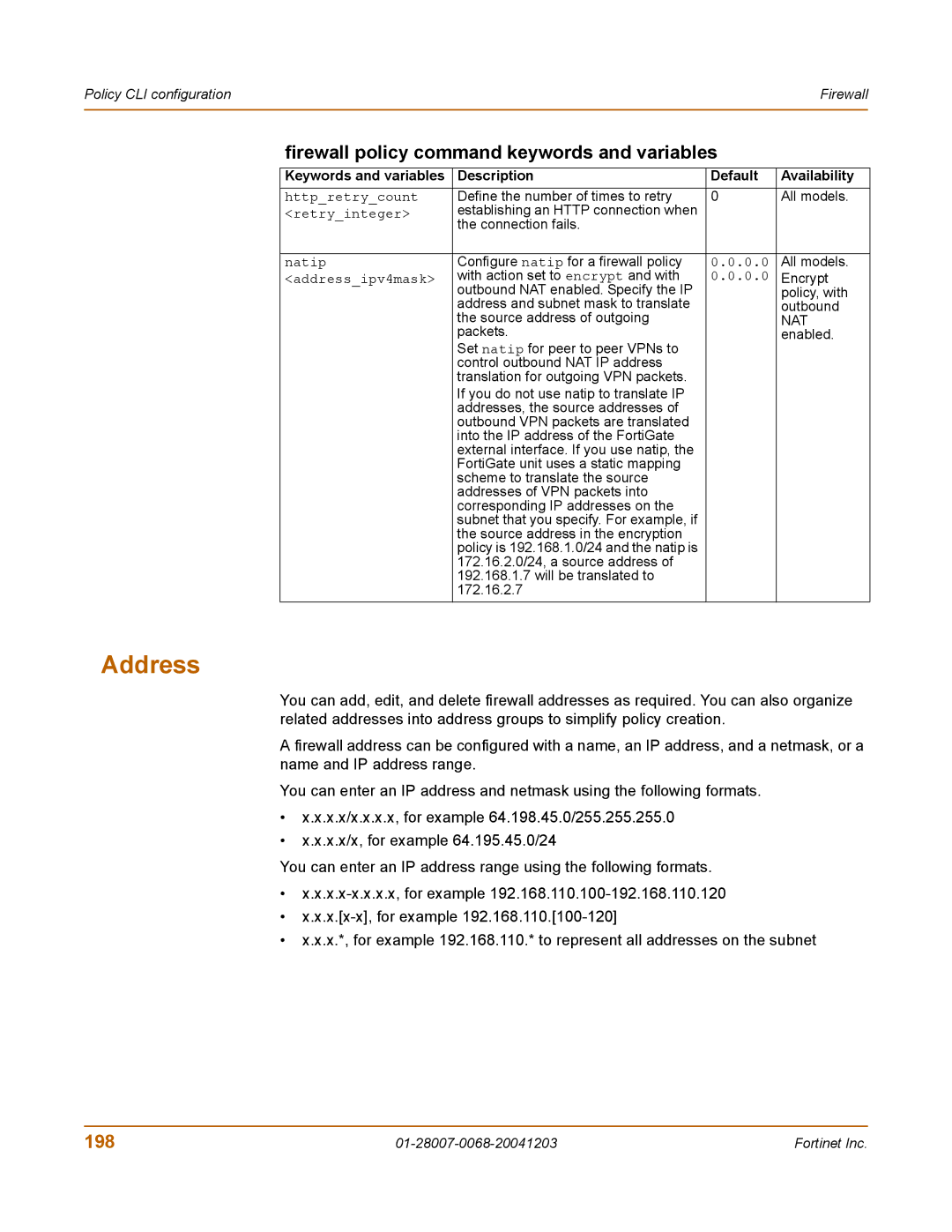 Fortinet 100A manual Address, Firewall policy command keywords and variables, 198 