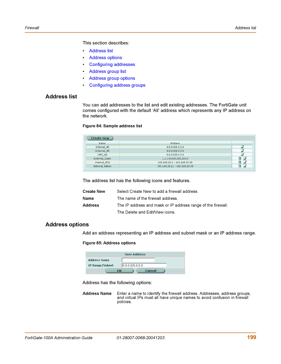 Fortinet 100A manual Address options, 199, Address list has the following icons and features 