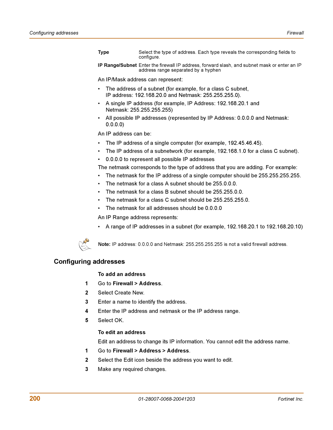 Fortinet 100A manual Configuring addresses, 200, To add an address Go to Firewall Address, To edit an address 