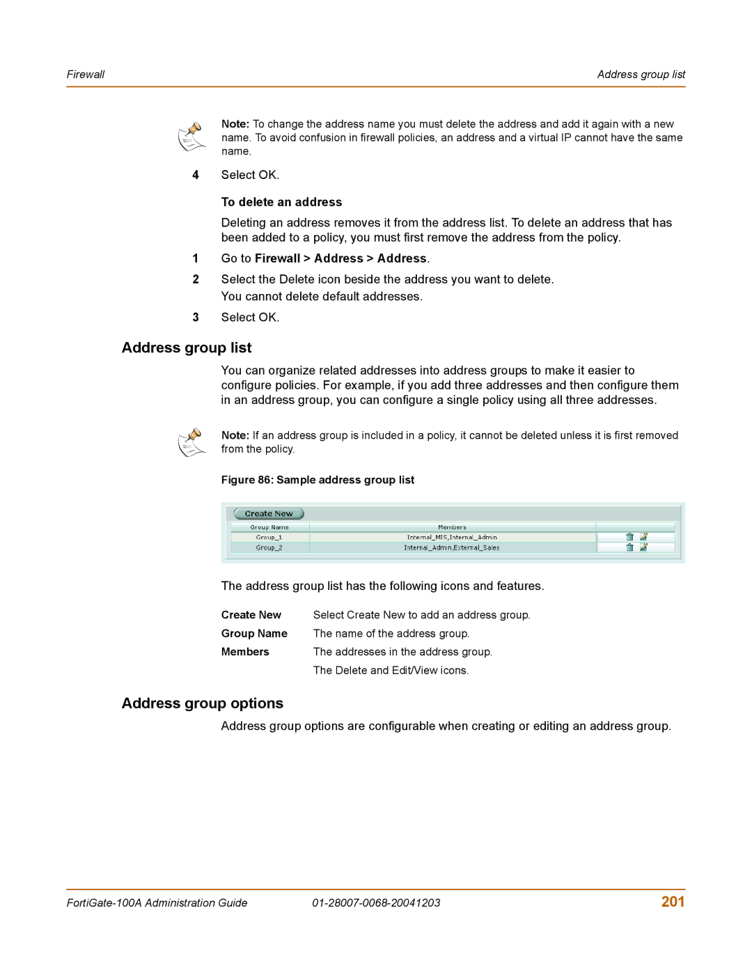 Fortinet 100A manual Address group list, Address group options, 201, To delete an address 