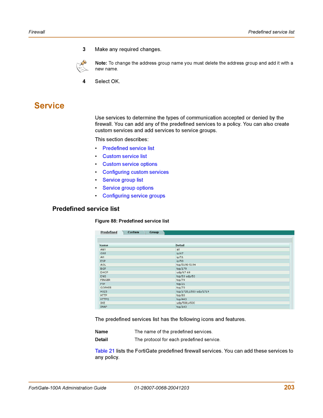 Fortinet 100A manual Predefined service list, 203, Make any required changes Select OK 