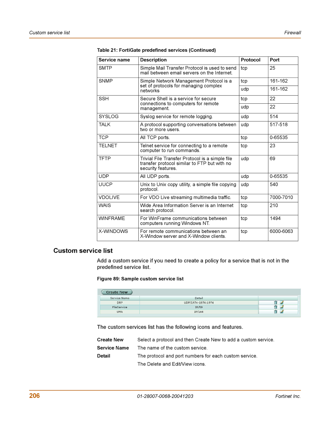 Fortinet 100A manual Custom service list, 206, Custom services list has the following icons and features 