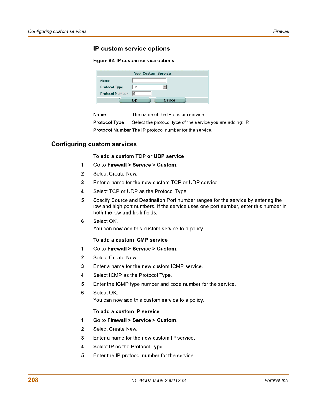 Fortinet 100A manual IP custom service options, Configuring custom services, 208 