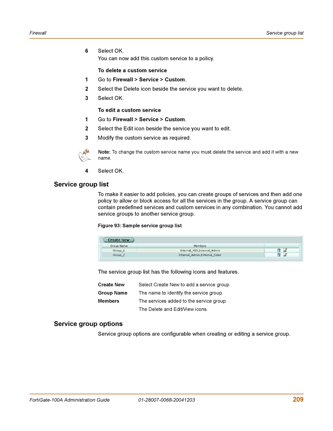 Fortinet 100A Service group list, Service group options, 209, To delete a custom service Go to Firewall Service Custom 