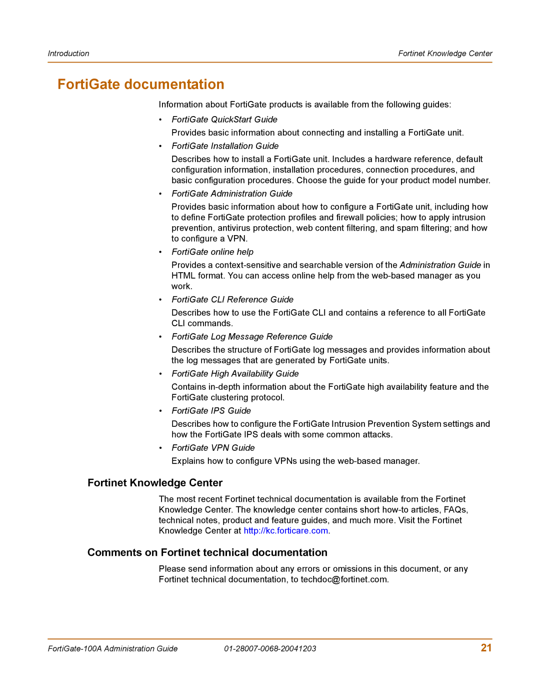 Fortinet 100A manual FortiGate documentation, Fortinet Knowledge Center, Comments on Fortinet technical documentation 