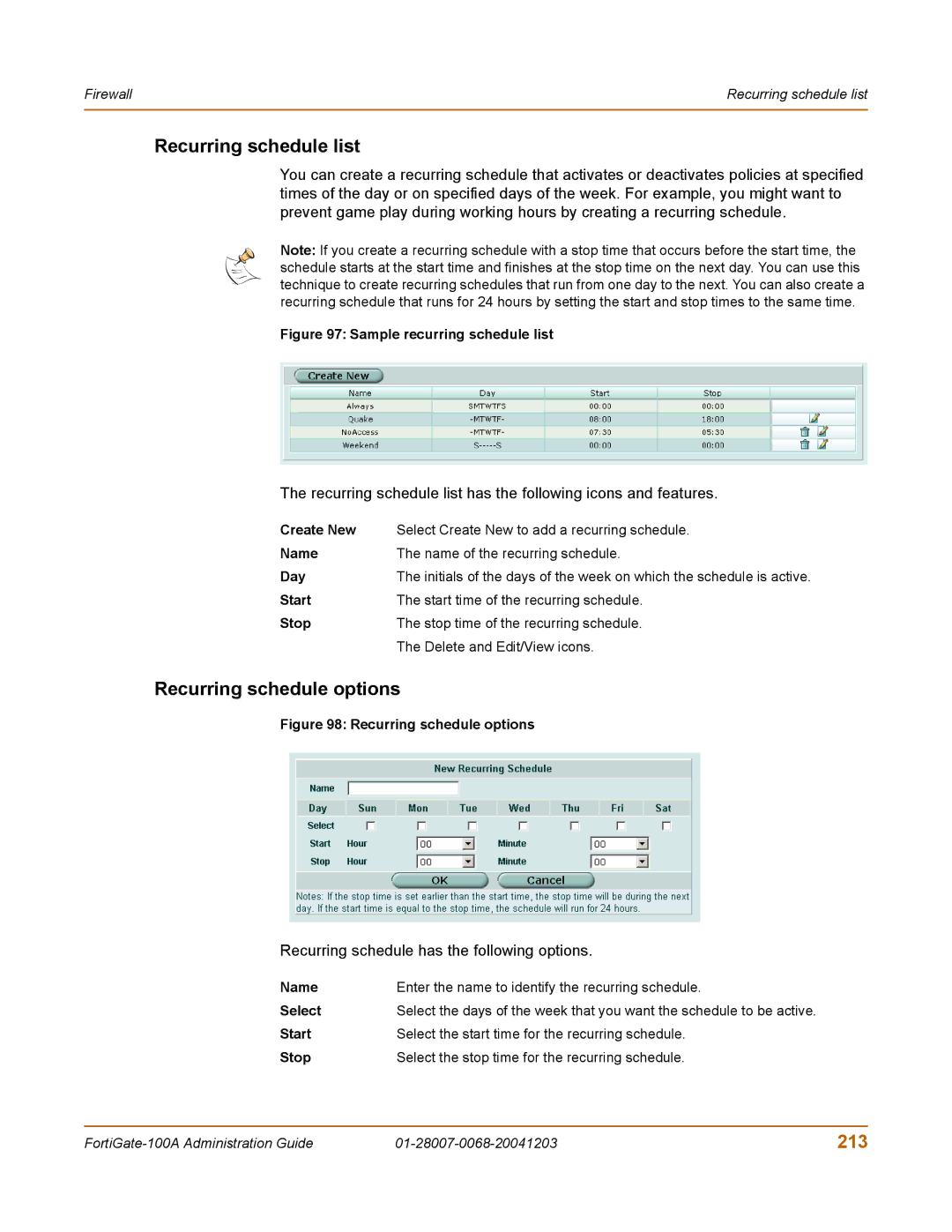 Fortinet 100A manual Recurring schedule list, Recurring schedule options, 213, Recurring schedule has the following options 