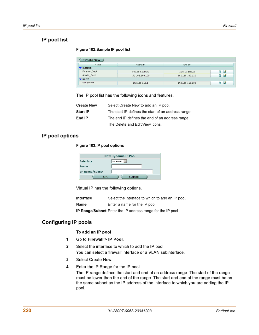 Fortinet 100A manual IP pool list, IP pool options, Configuring IP pools, 220, To add an IP pool Go to Firewall IP Pool 