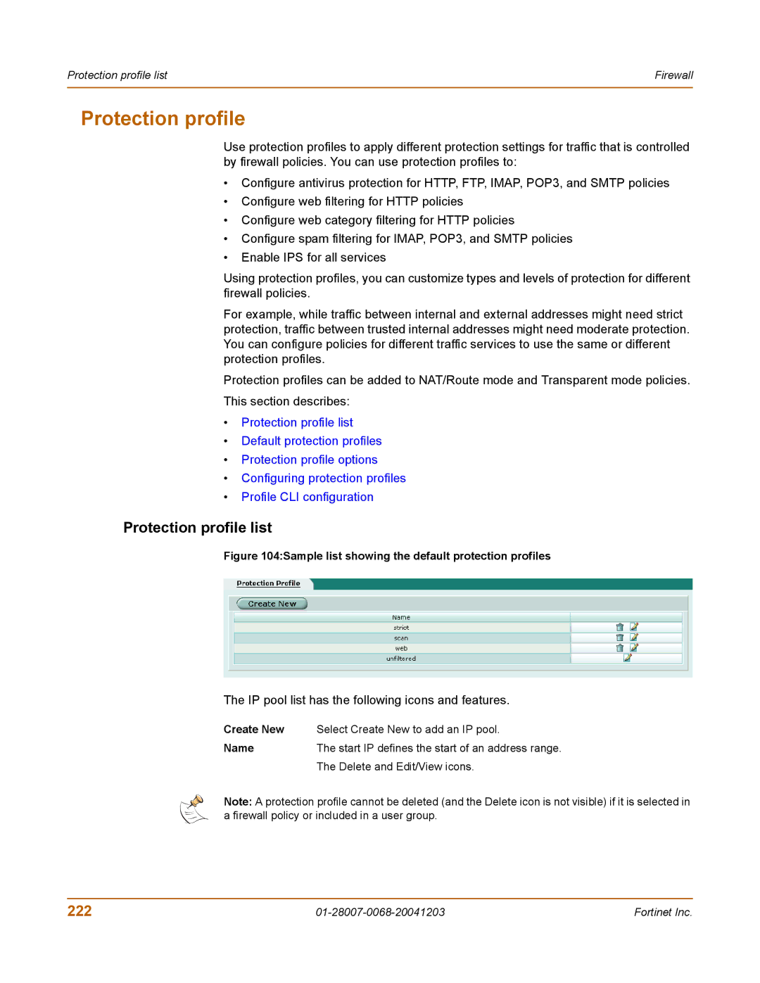 Fortinet 100A manual Protection profile list, 222, Create New Select Create New to add an IP pool Name 