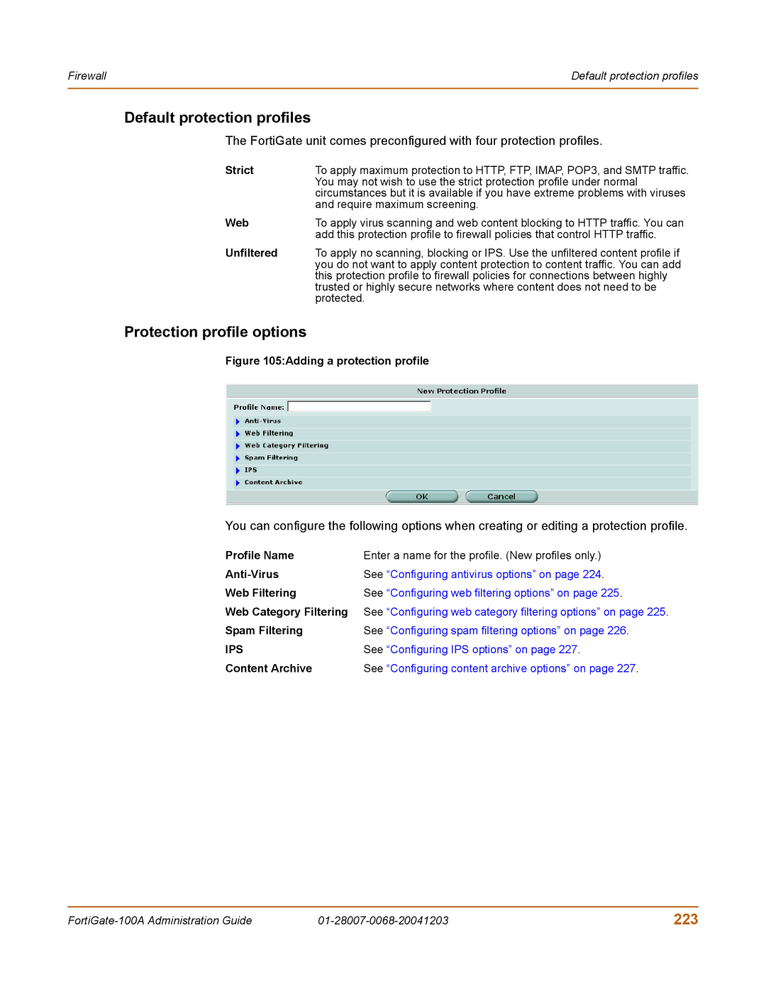 Fortinet 100A manual Default protection profiles, Protection profile options, 223 