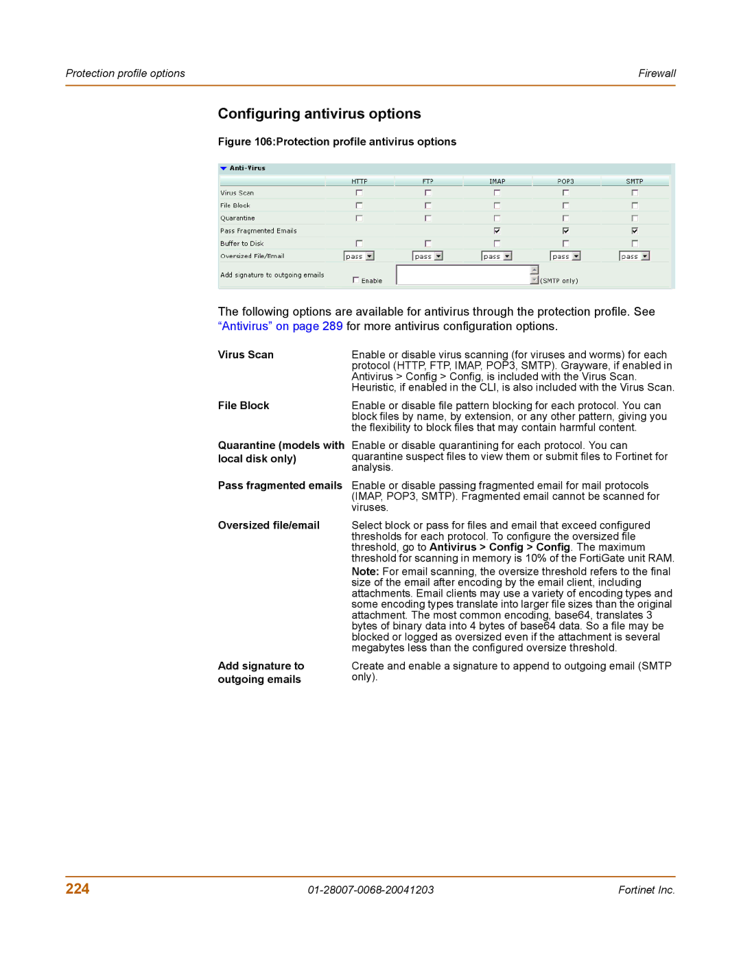 Fortinet 100A manual Configuring antivirus options, 224, Virus Scan, File Block 