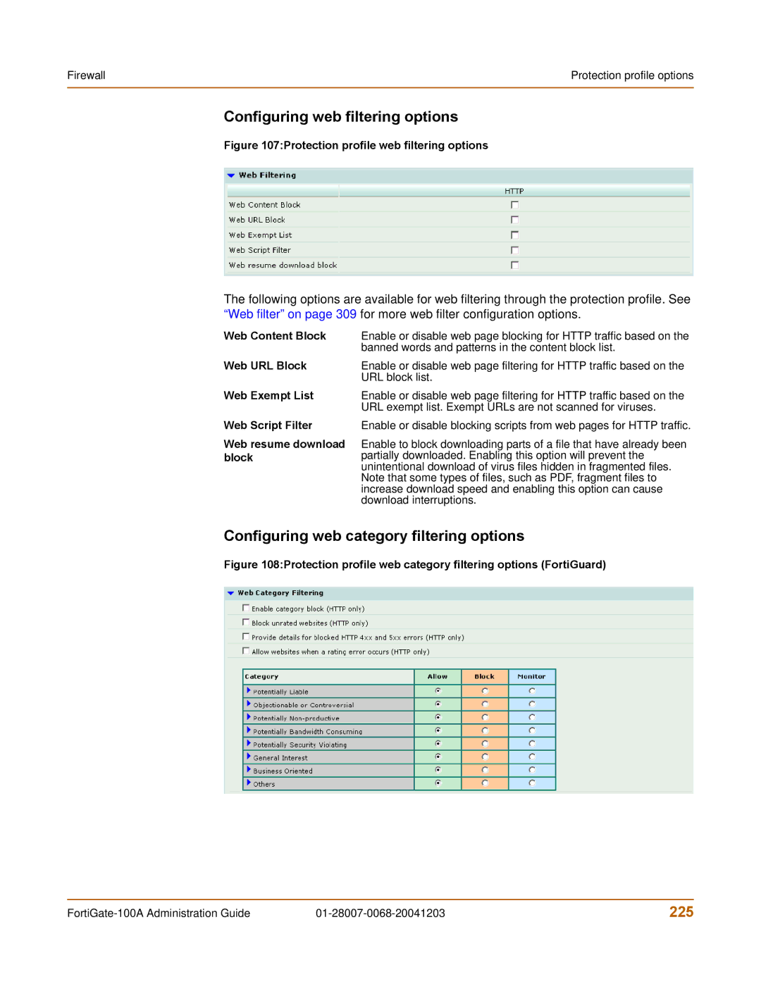 Fortinet 100A manual Configuring web filtering options, Configuring web category filtering options, 225 