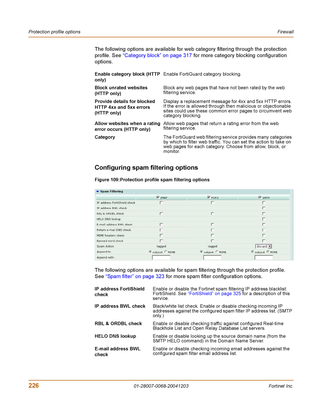 Fortinet 100A manual Configuring spam filtering options, 226 