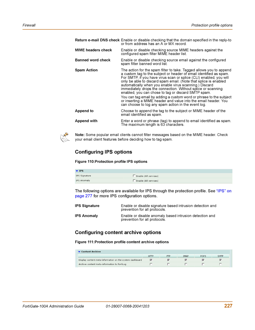 Fortinet 100A manual Configuring IPS options, Configuring content archive options, 227 