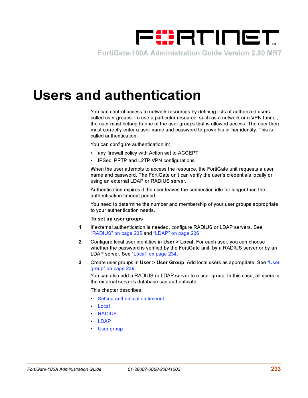 Fortinet 100A manual Users and authentication, 233, To set up user groups 