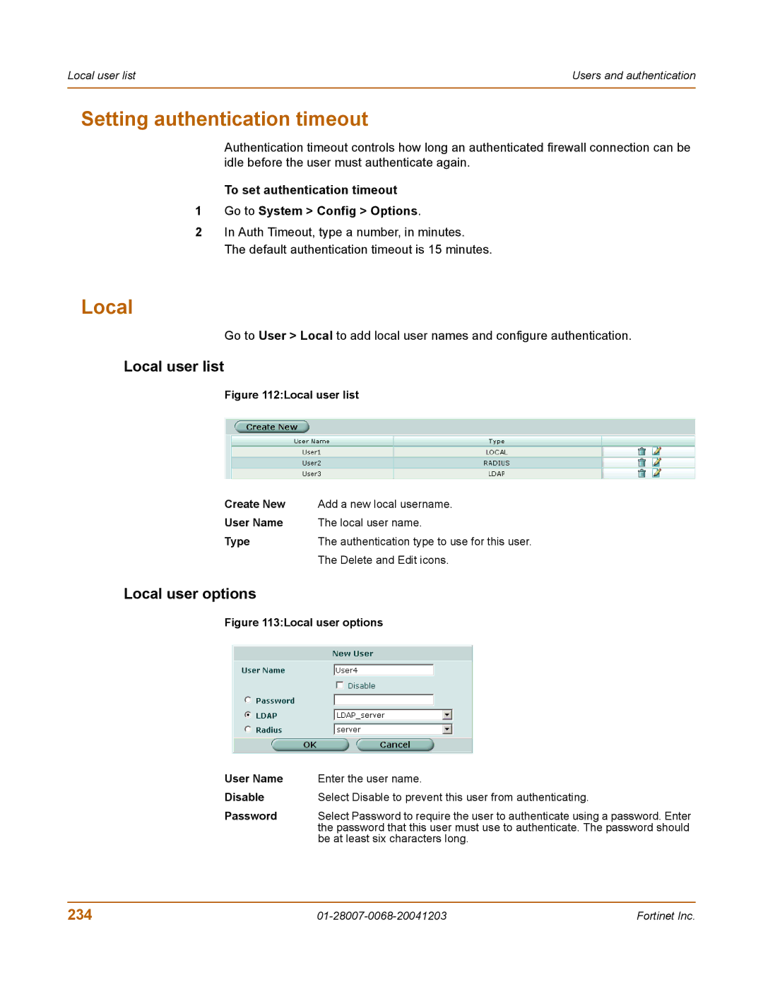 Fortinet 100A manual Setting authentication timeout, Local user list, Local user options, 234 