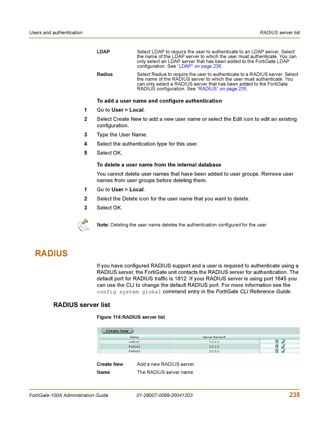 Fortinet 100A manual Radius server list, 235, To delete a user name from the internal database, Name Radius server name 