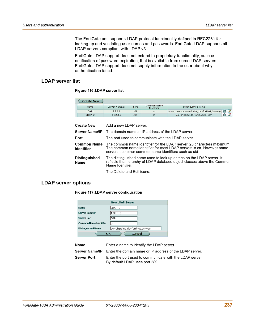 Fortinet 100A manual Ldap server list, Ldap server options, 237 