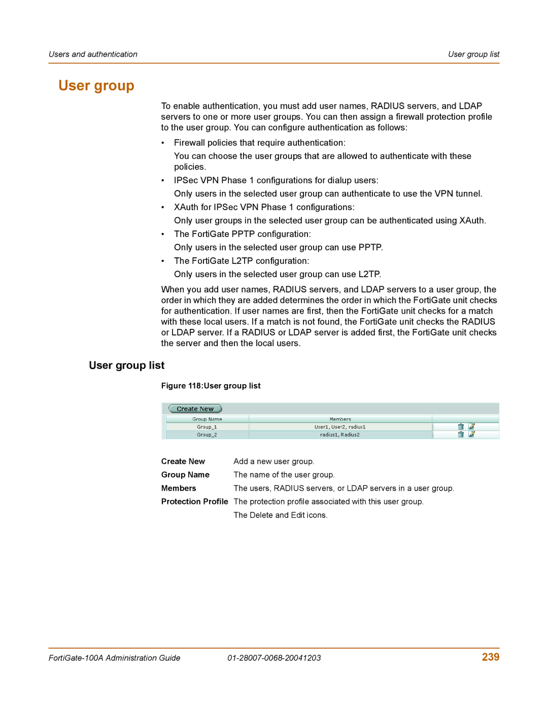 Fortinet 100A manual User group list, 239 