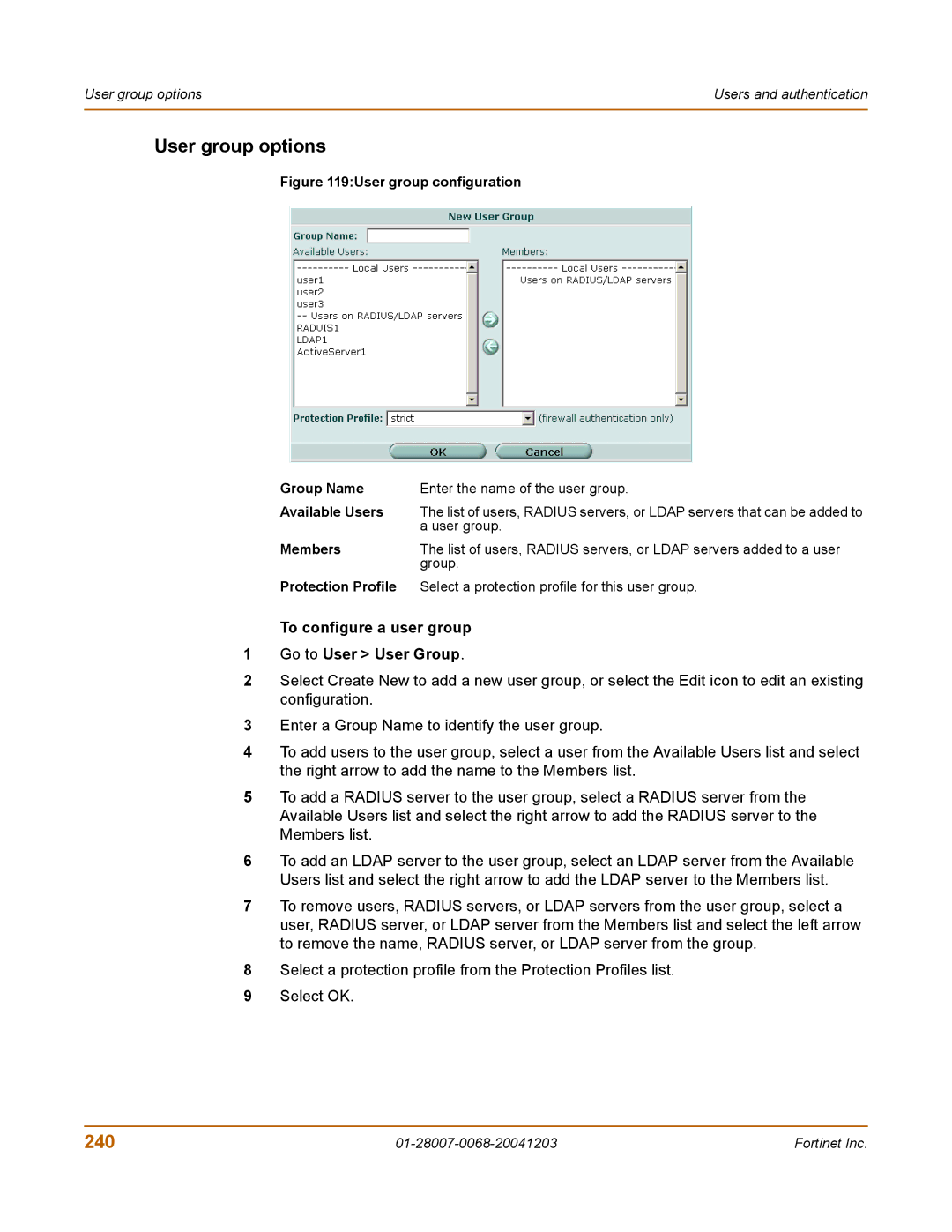 Fortinet 100A manual User group options, 240, To configure a user group Go to User User Group, Available Users 