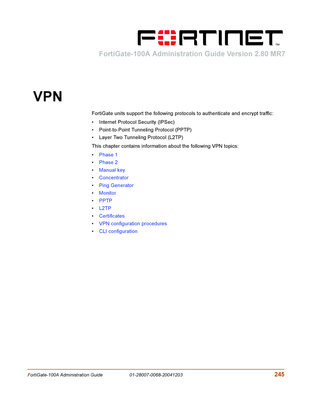 Fortinet 100A manual Vpn, 245 