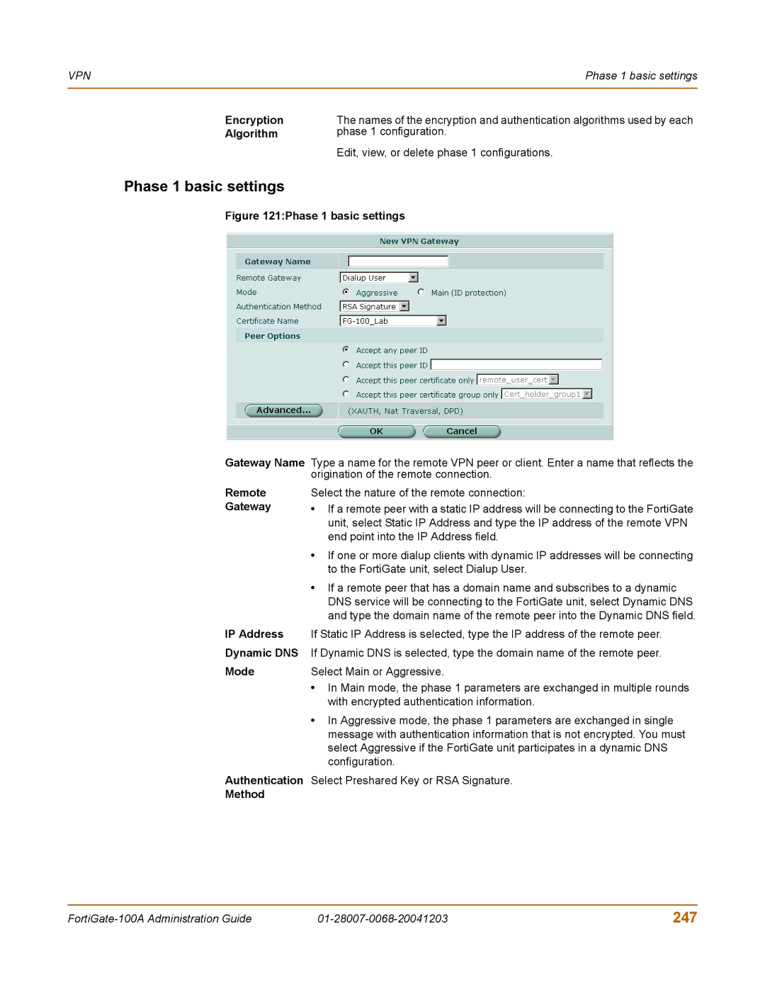 Fortinet 100A manual Phase 1 basic settings, 247, Encryption, Algorithm 