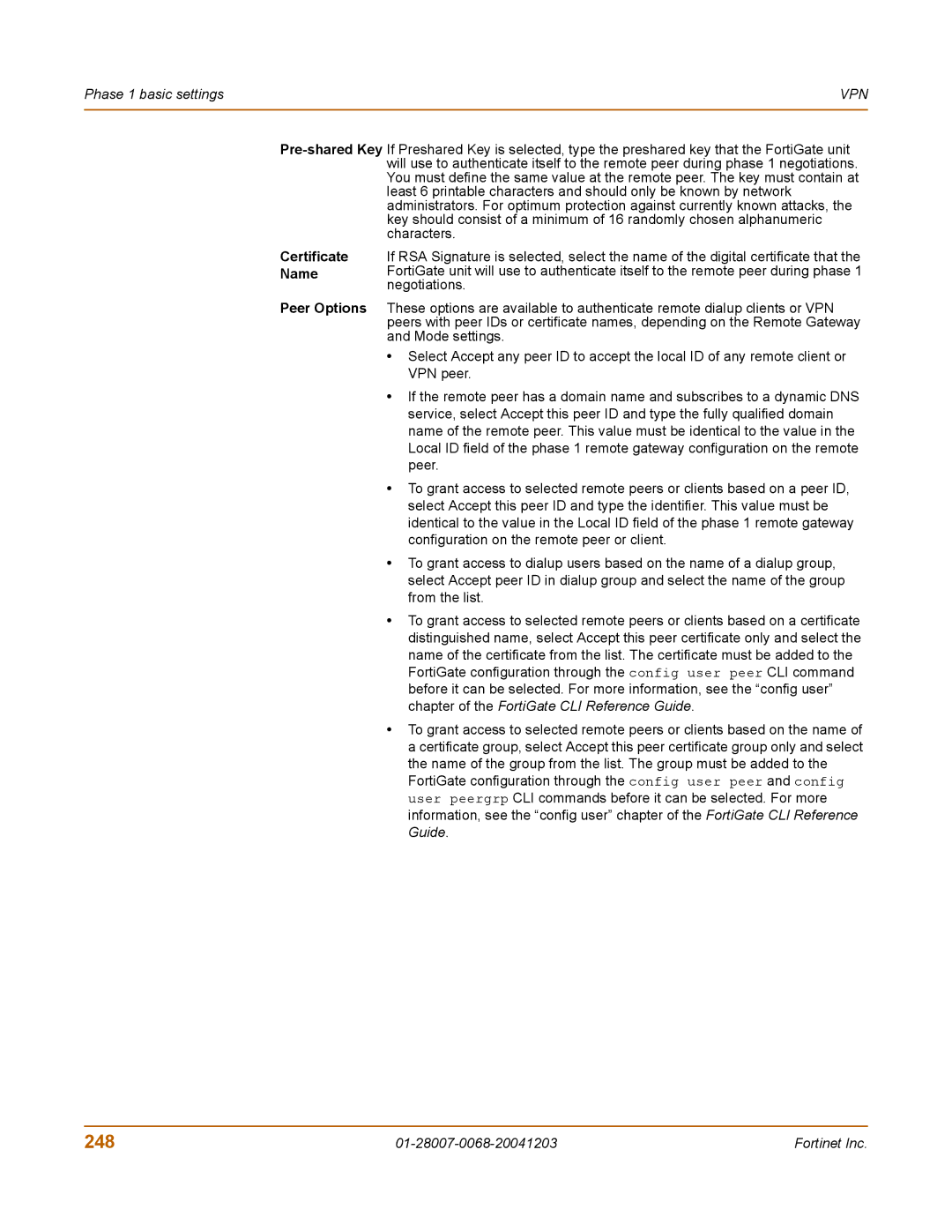 Fortinet 100A manual 248, Pre-shared Key Certificate Name 