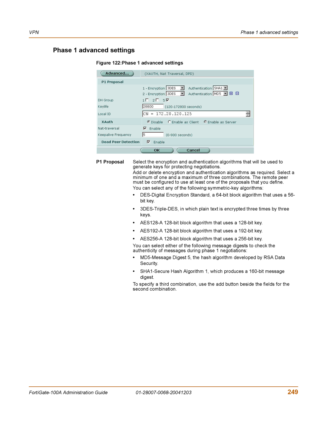 Fortinet 100A manual Phase 1 advanced settings, 249 