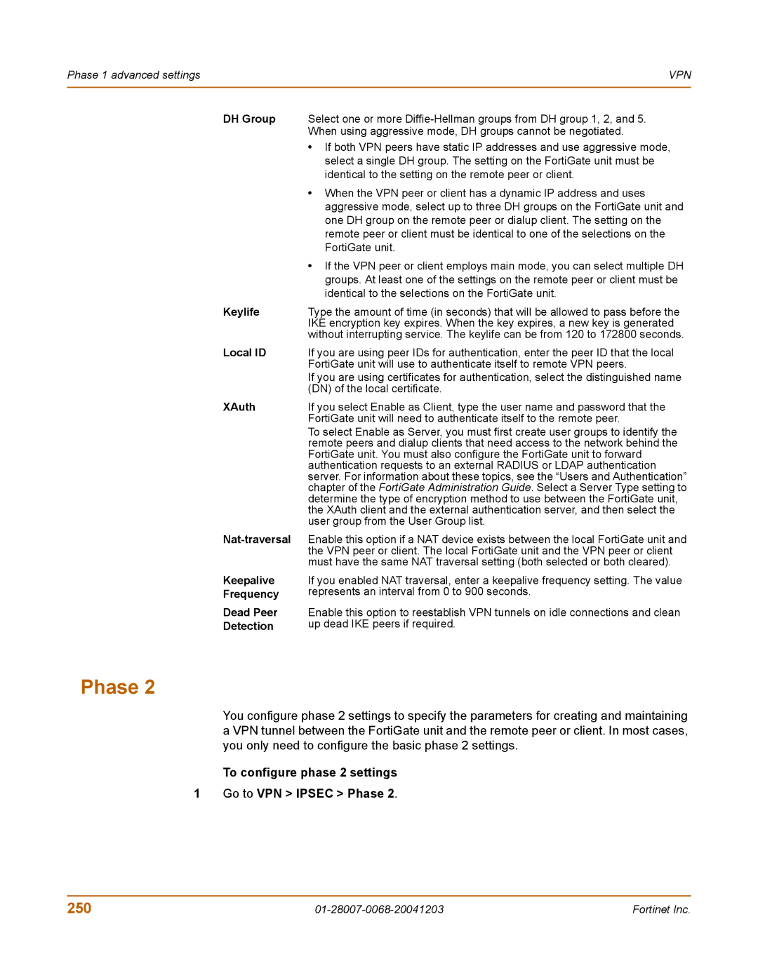 Fortinet 100A manual 250, To configure phase 2 settings Go to VPN Ipsec Phase 