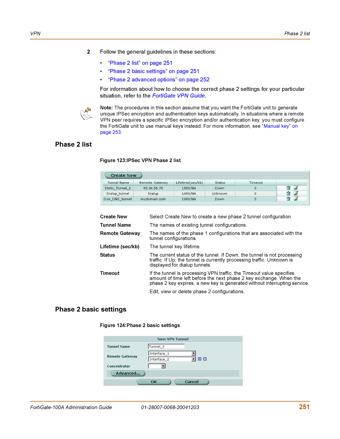 Fortinet 100A manual Phase 2 list, Phase 2 basic settings, 251 