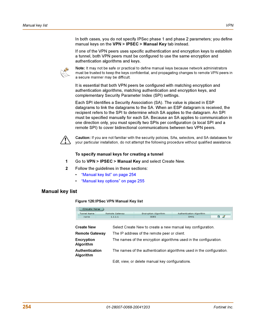 Fortinet 100A Manual key list, 254, To specify manual keys for creating a tunnel 