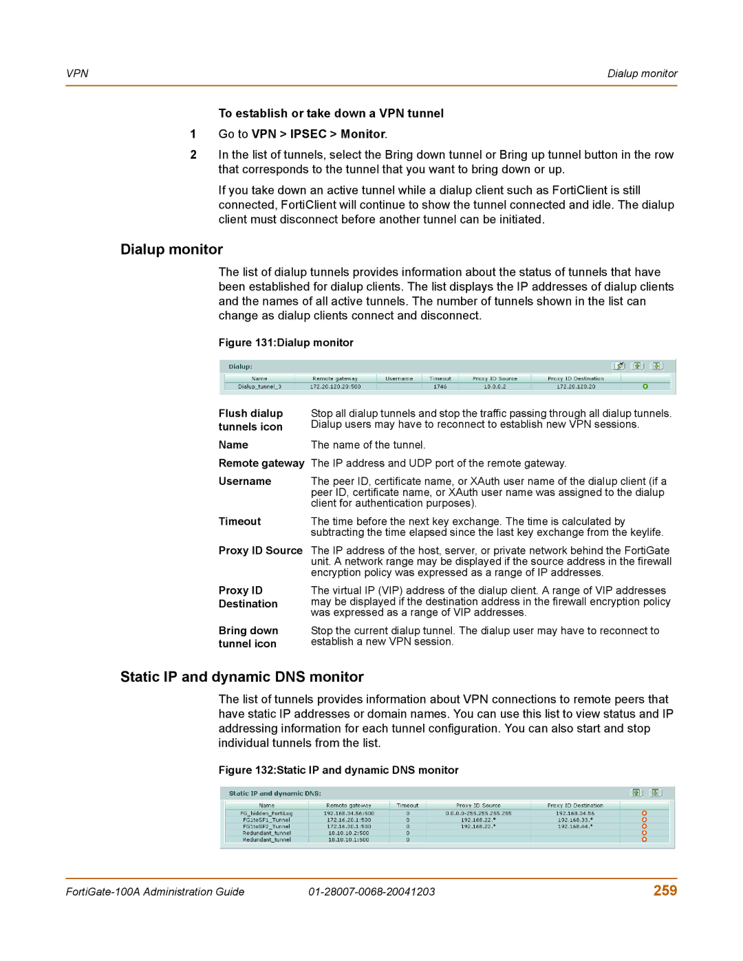 Fortinet 100A manual Dialup monitor, Static IP and dynamic DNS monitor, 259 