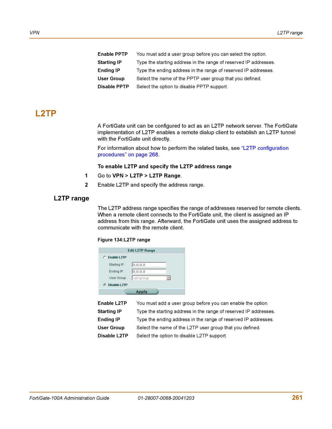 Fortinet 100A manual L2TP range, 261, Enable L2TP and specify the address range 