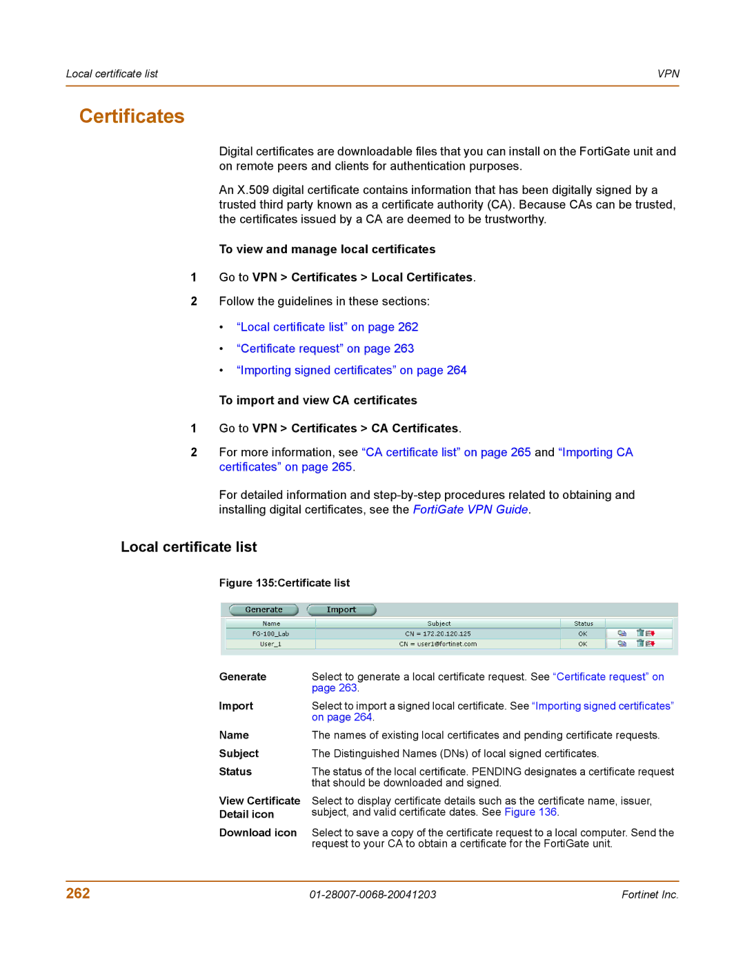 Fortinet 100A manual Certificates, Local certificate list, 262 