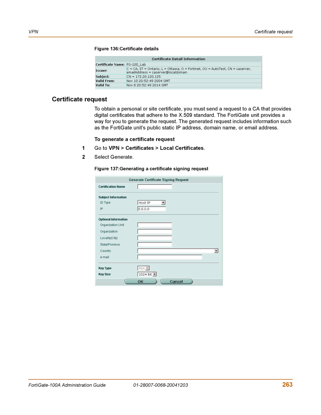 Fortinet 100A manual Certificate request, 263, Select Generate 