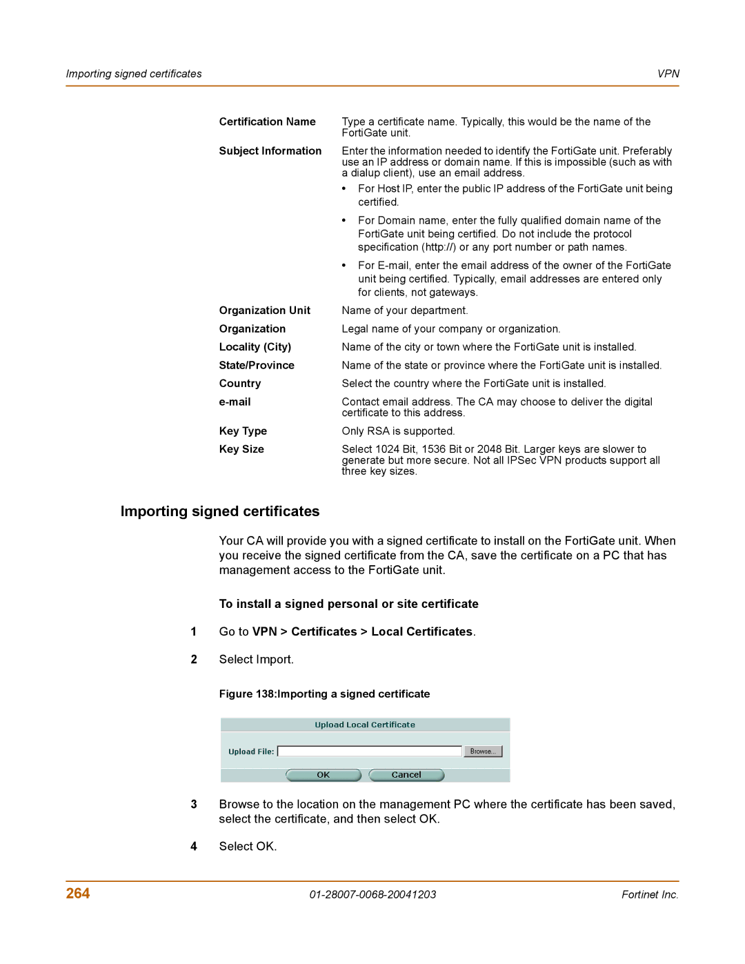 Fortinet 100A manual Importing signed certificates, 264, Select Import 