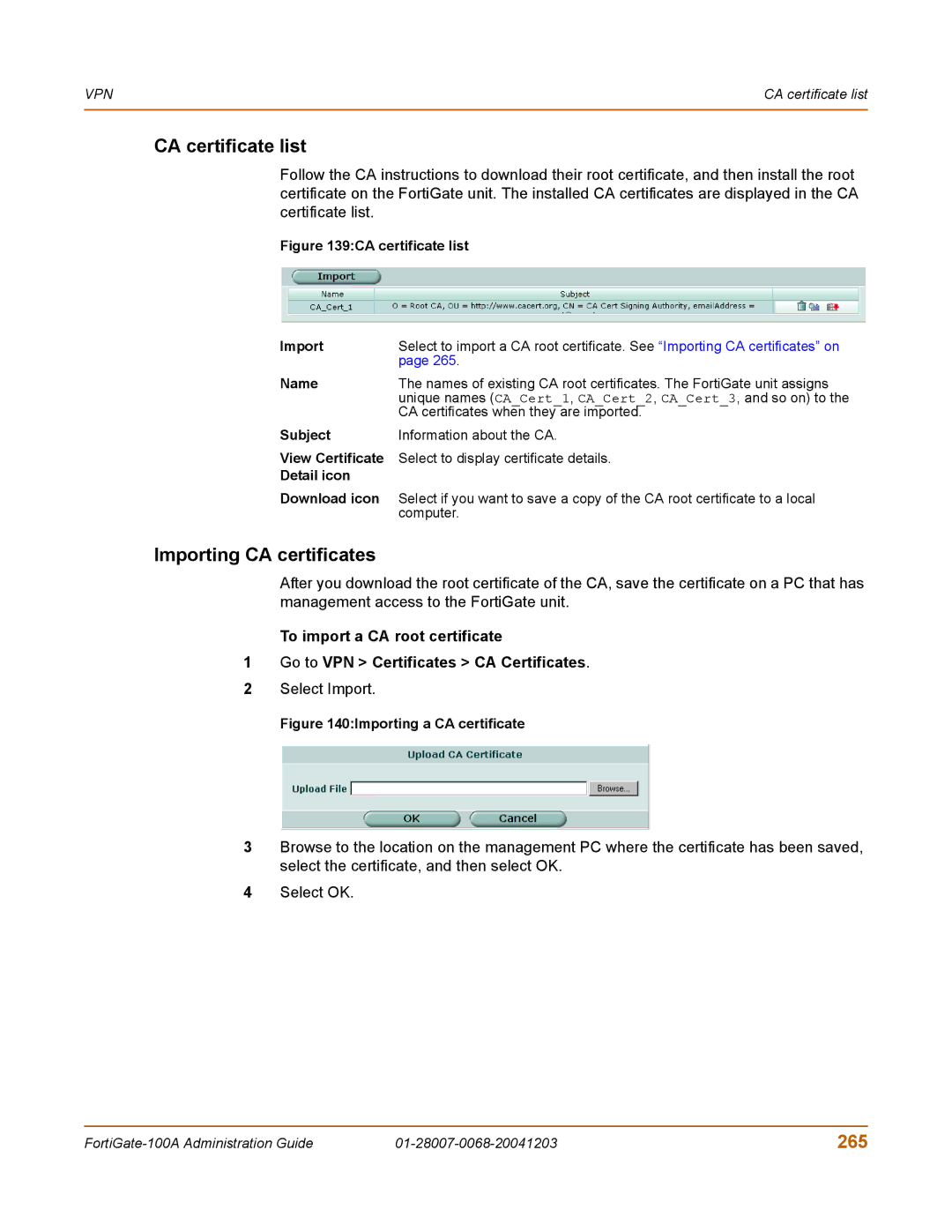 Fortinet 100A manual CA certificate list, Importing CA certificates, 265, View Certificate, Detail icon Download icon 