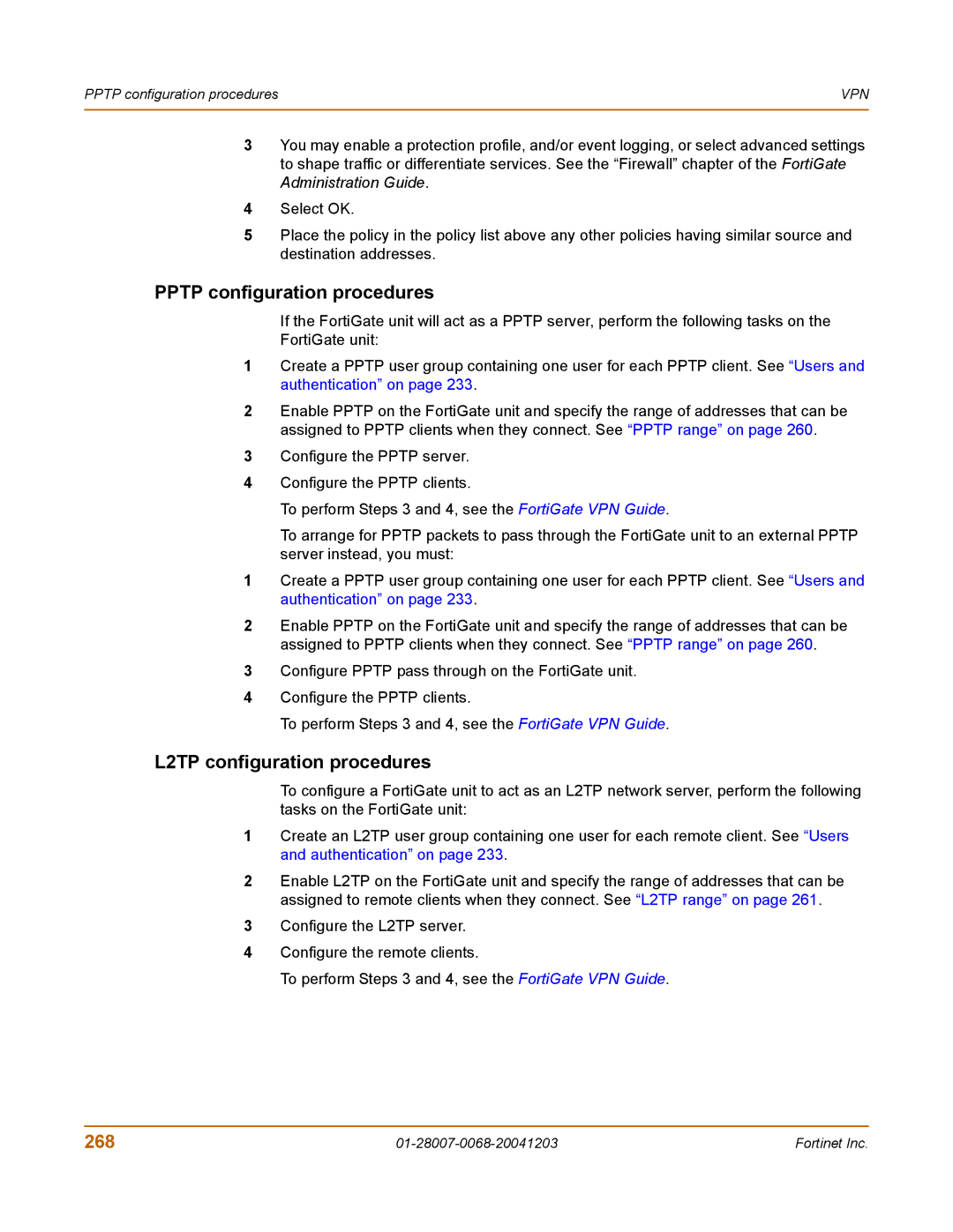 Fortinet 100A manual Pptp configuration procedures, L2TP configuration procedures, 268 