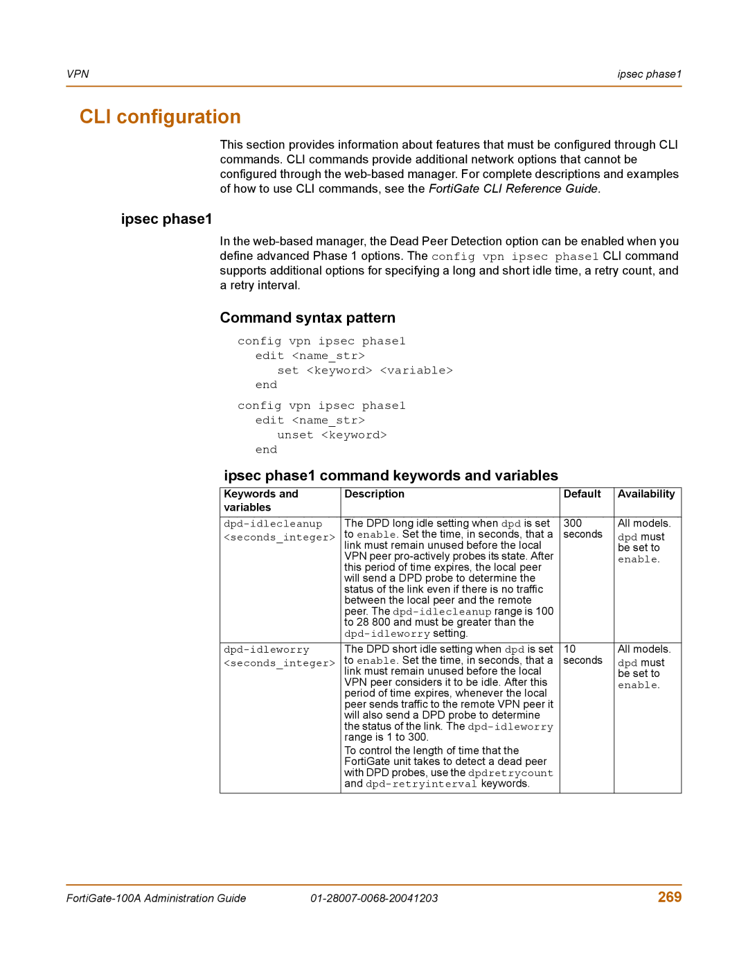 Fortinet 100A manual Ipsec phase1 command keywords and variables, 269 